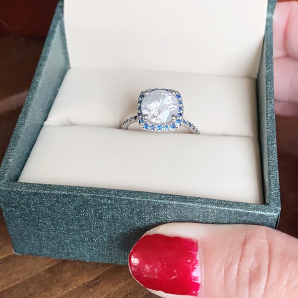 NATURAL ROUND CUT DIAMOND 3.22 TCW & CEYLON SAPPHIRE 14K WHITE GOLD RING - Picture 3 of 16